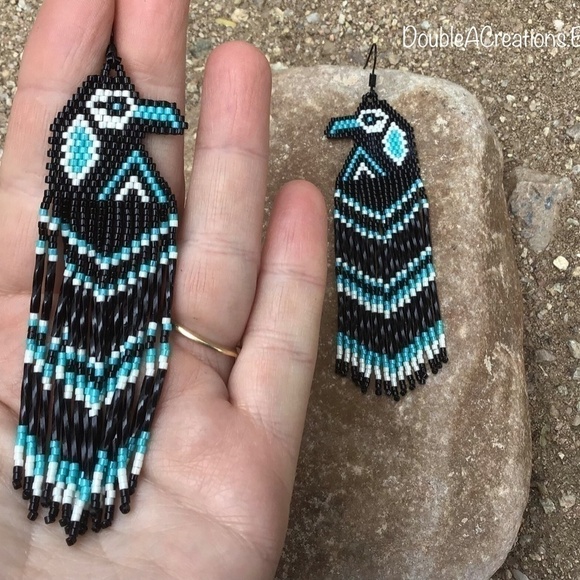 Turquoise Native Raven Beaded Earrings, New, Handmade by Me - Picture 3 of 5